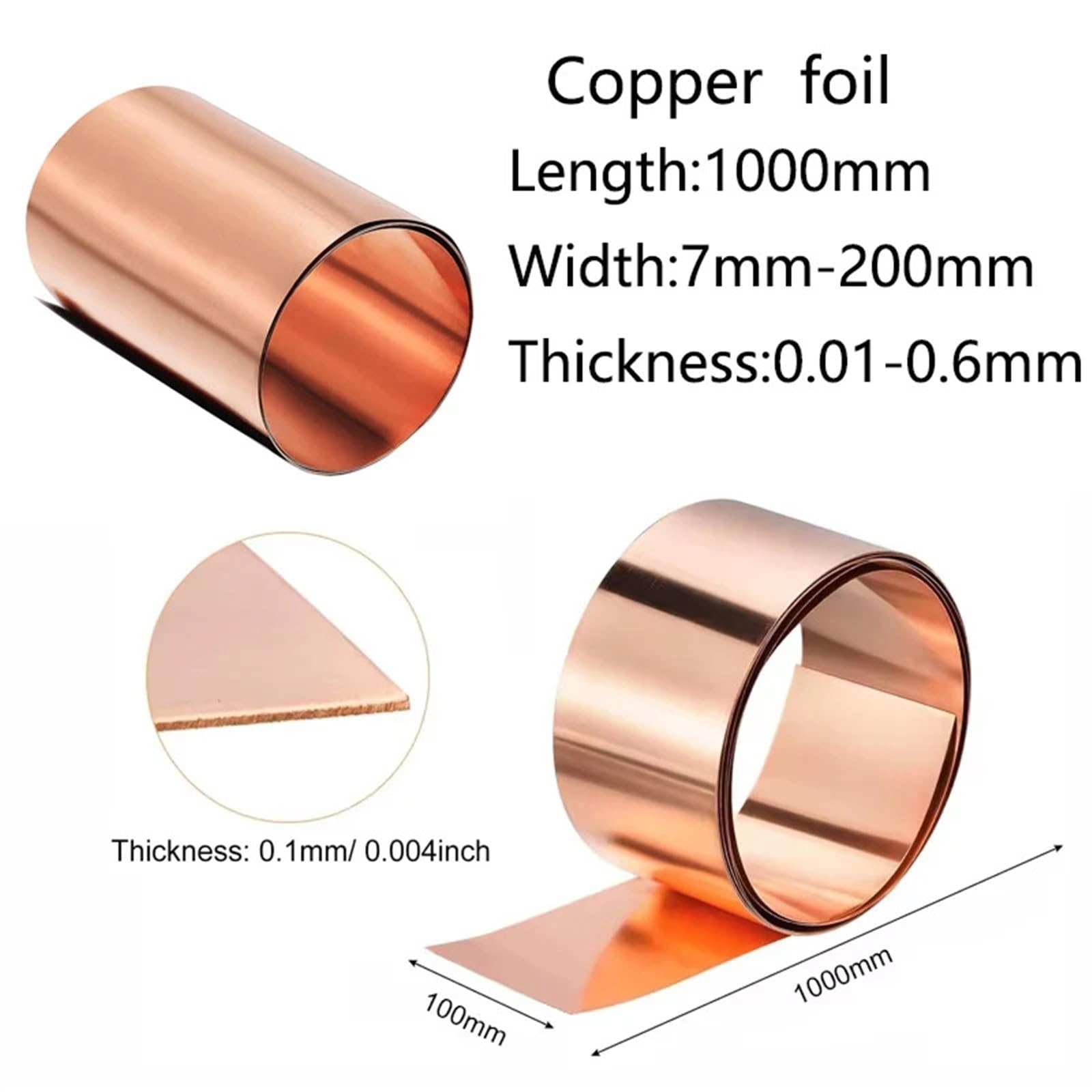 Kupferblech 1 Stück Kupferplattenrolle, 0,01–0,6 mm dick, 7 breit, 200, Kupferfolienplatte, Kupfer-Cu-Metallblech, Folienlänge 1000(0.15x100x1000mm)