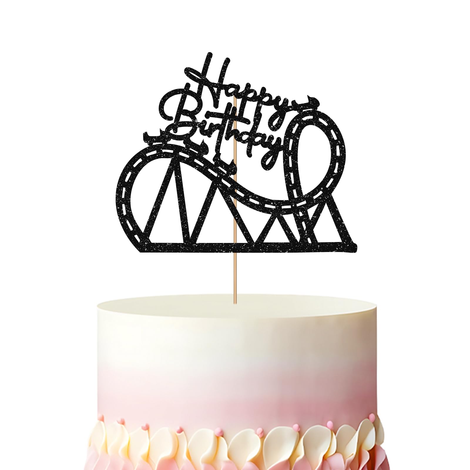 Roller Coaster Happy Birthday Cake Topper, Circus Birthday Cake Decor, Black Glitter Amusement Park Cake Topper for Kids, Carnival Themed Party Decoration
