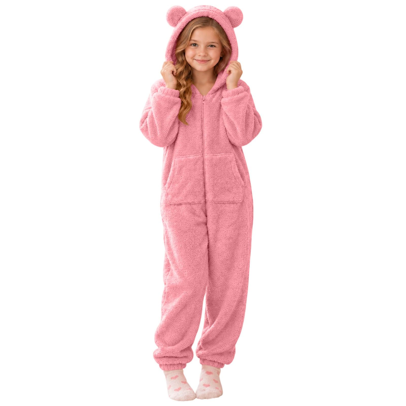 Girls Animal Onesie Fleece Fuzzy Warm Sherpa Bed Jumpsuit with 3D Hood