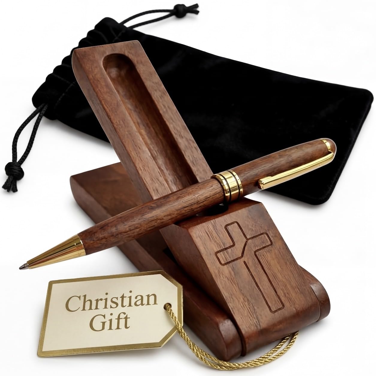 Wooden Christian Pen & Holder with Engraved Cross – Faith Gift For Christian Men and Women. Pastor Appreciation. Religious Pen Desk Accessory.