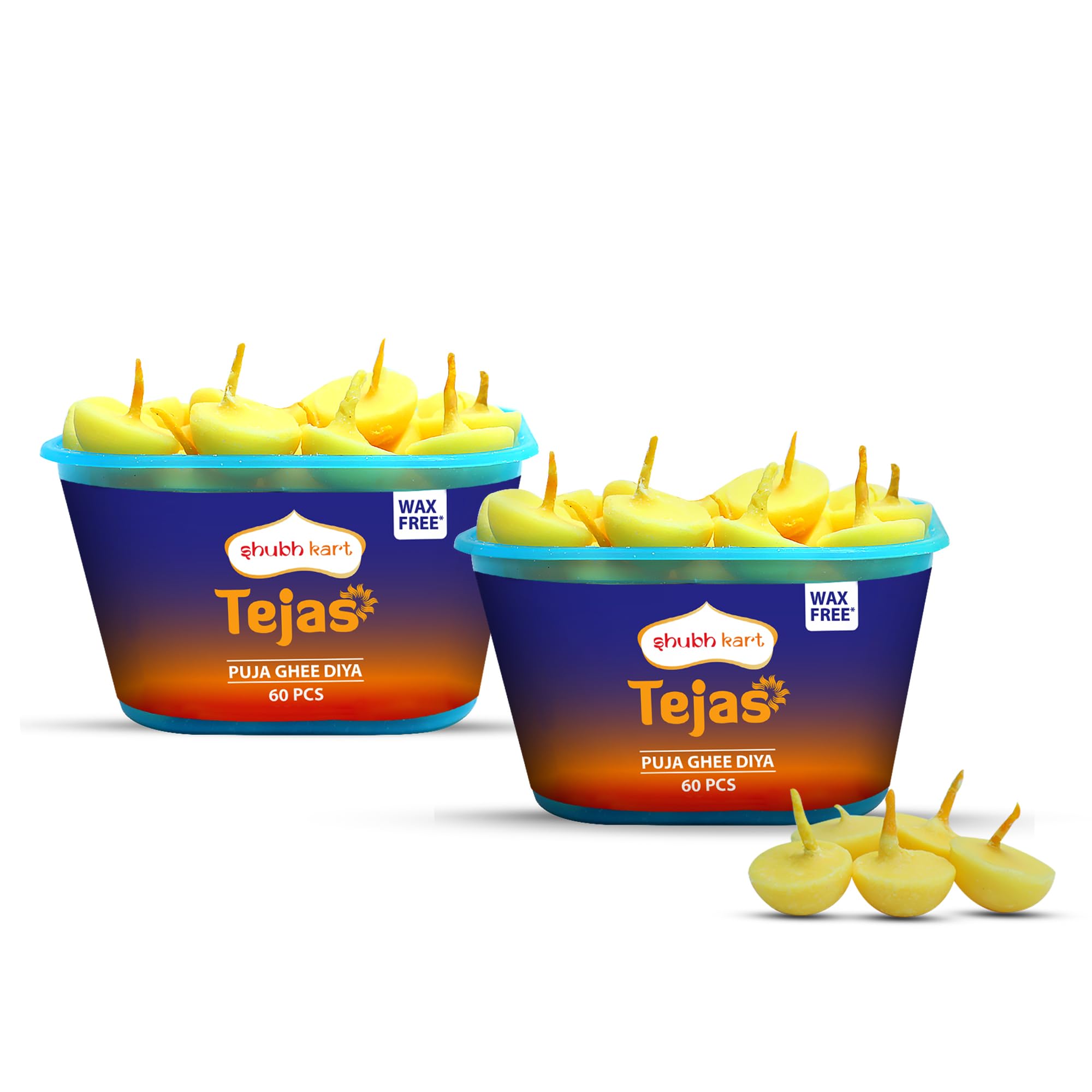 Shubhkart Tejas Ghee Diya with Batti - Pack of 60 Diyas (Pack of 2, Total 120 Pieces) | Ready-to-Use Ghee Wicks | Wax-Free Diya Batti for Puja, Festivals & Other Religious Rituals | Lighting | Diwali