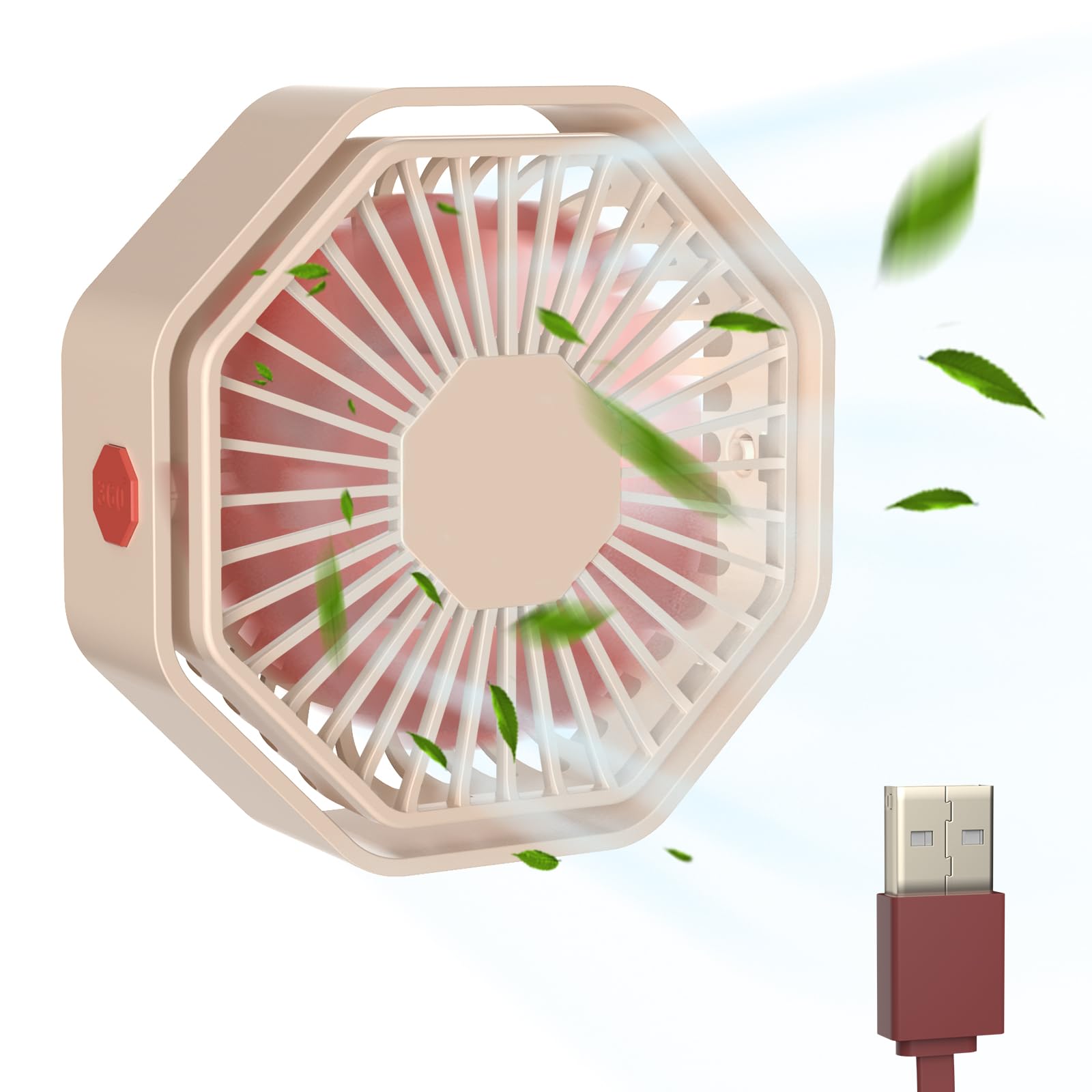 Hoteon USB Desk Fan, 3 Speeds Quiet Portable Desktop Table Fan, 360° Adjustment Personal Mini Fan for Home Office Apricot