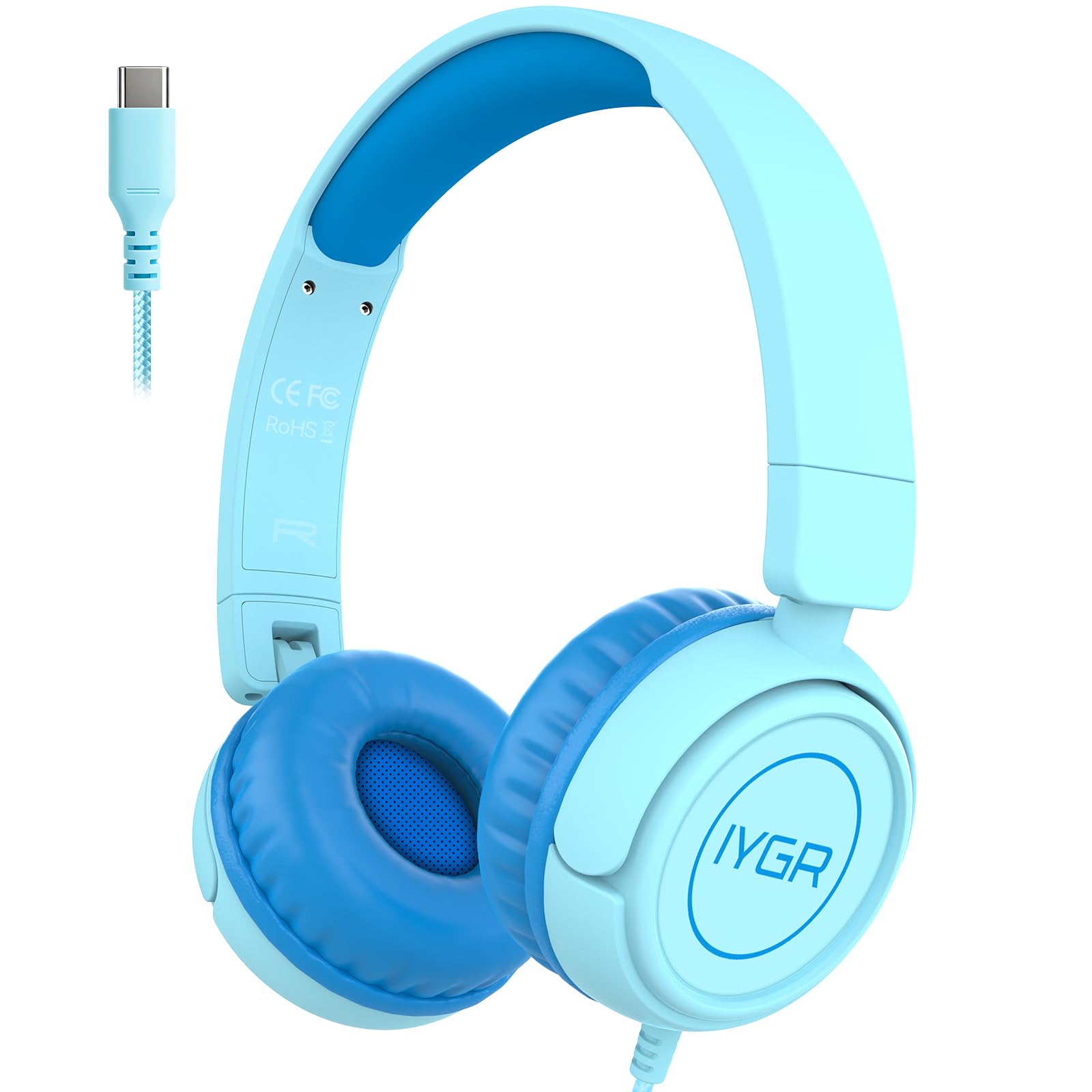 K6, cuffie USB tipo C per bambini, per la scuola, volume sicuro da 94 dB, suono stereo HD, cuffie on-ear pieghevoli leggere (ciano)
