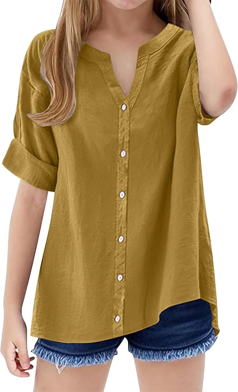 Cotton Linen Shirts for Girls Short Sleeve V Neck Tunic Tops Blouses Trendy Button Down Shirts Oversized Cute Tshirts