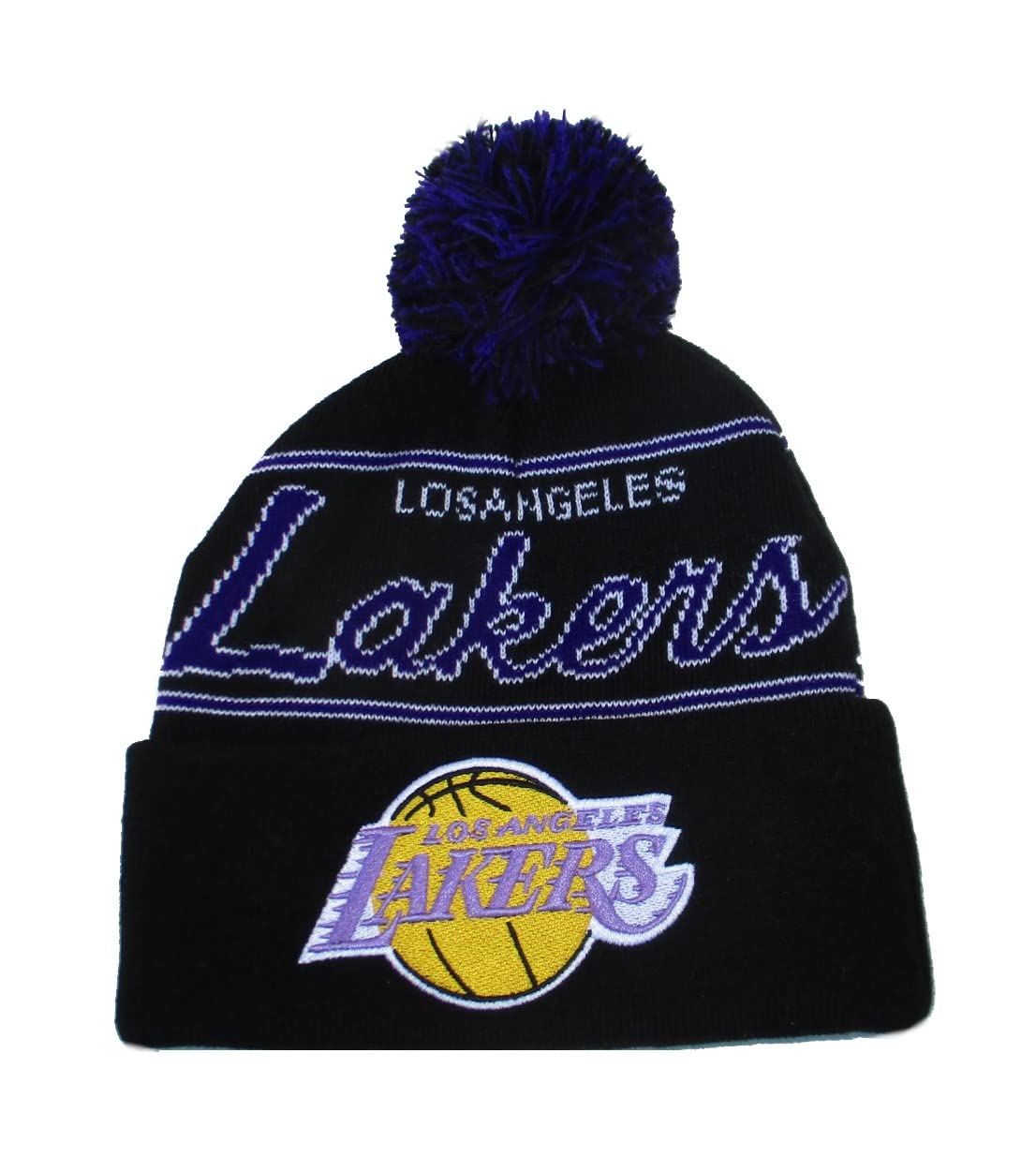 Mitchell & Ness Los Angeles Lakers Script Cuff Knit Beanie Hat Cap - Black (Los Angeles Lakers, One Size Fits Most)