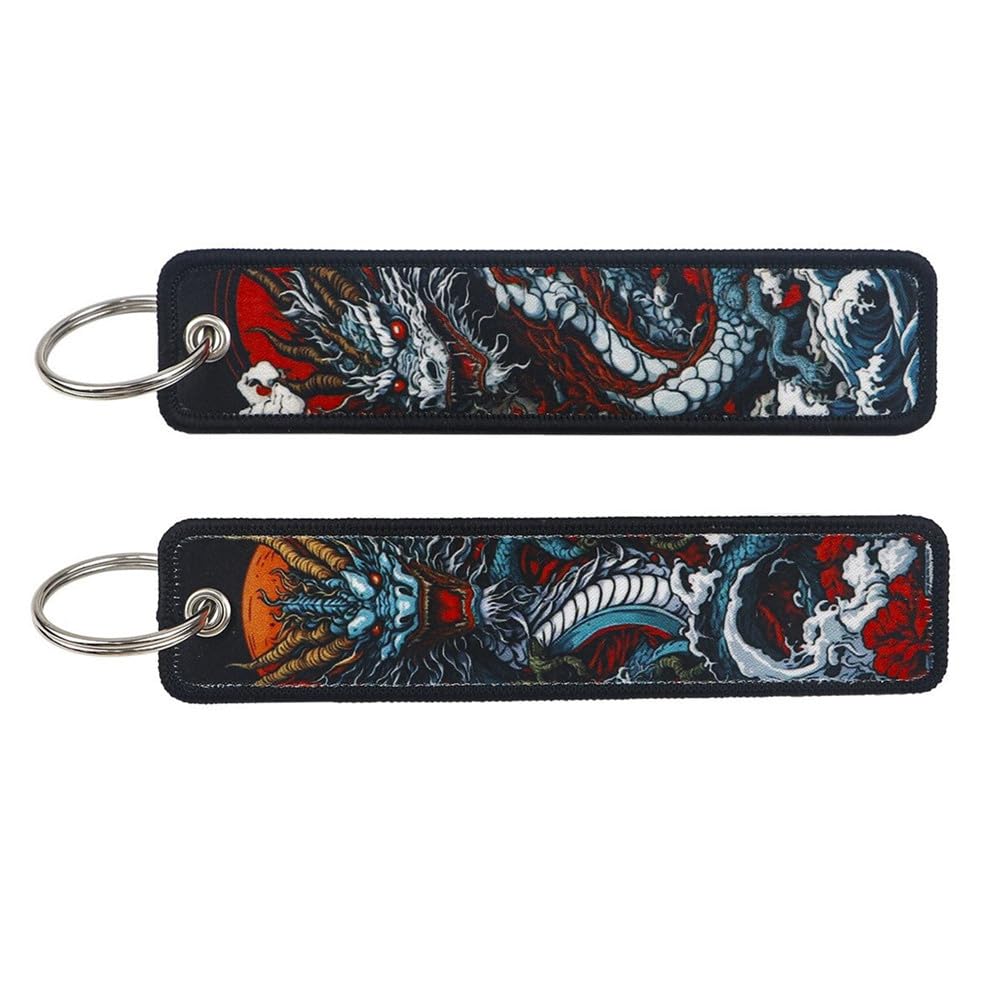 Mamarmot 2 Pack Anime Key Fobs Embroidered Key Jet Tag Backpack Tag Tail Motorcycle Car Key Ring Holder Keychains Keyring (Dragon)