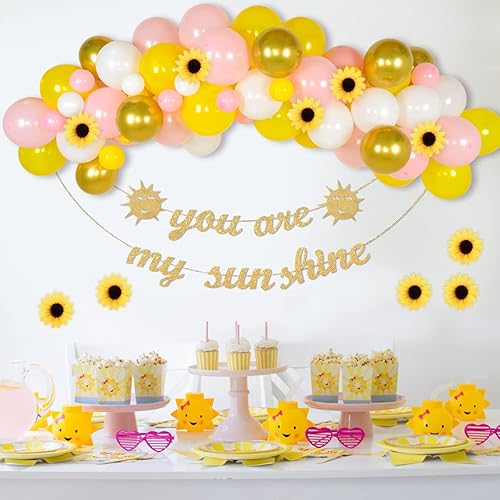 Miniatura 2 de Kit de arco de guirnalda de globos de girasol, color rosa y amarillo, decoración de fiesta con texto en inglés "You Are My Sunshine", girasol