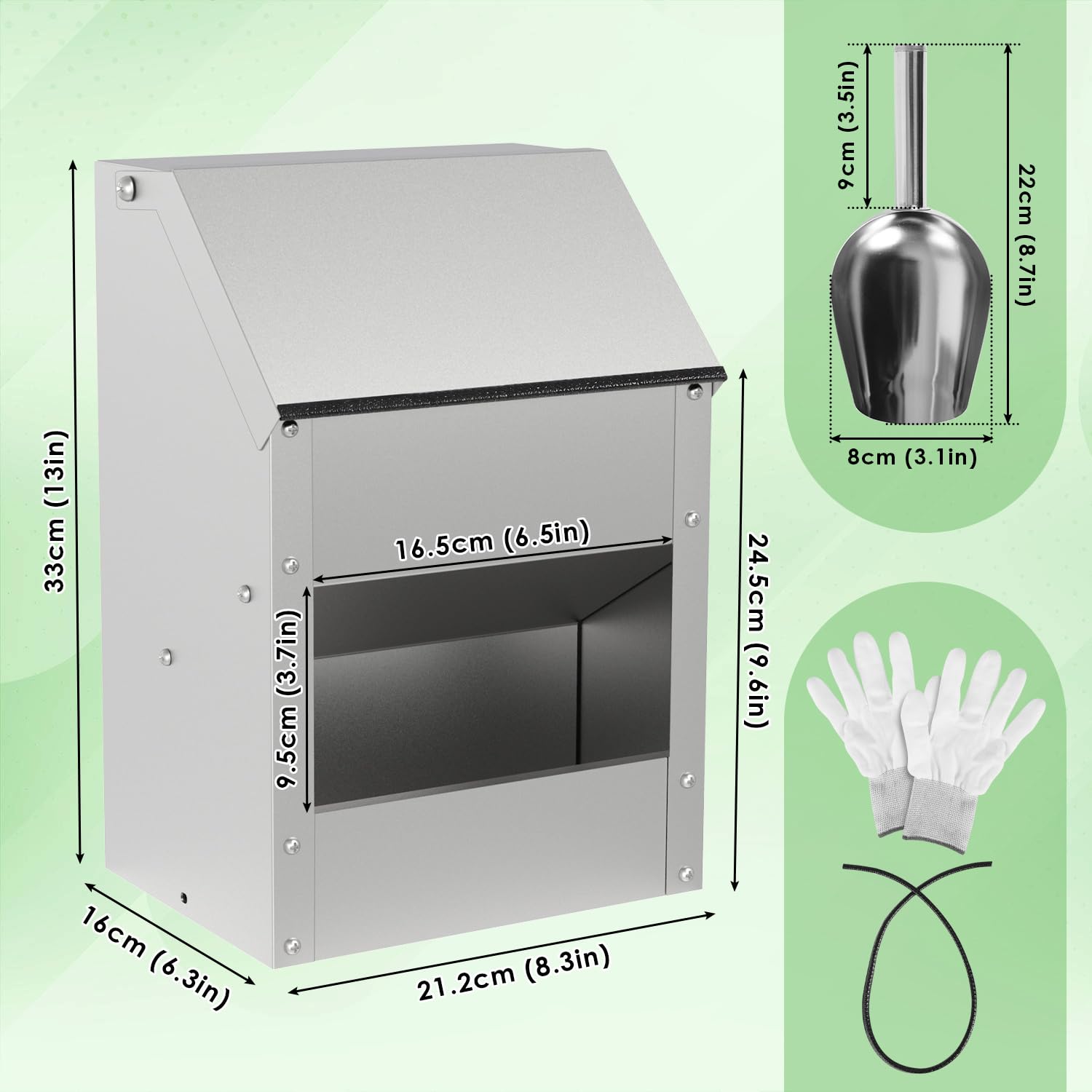 Comedero automático para gallinas, 4,5 kg, de acero galvanizado, comedero para aves de corral con tapa, soporte de pared y accesorios para pollos, patos, aves de corral