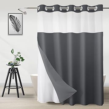 No Hook Shower Curtain with Snap in Liner, Ombre Dark Grey Shower Curtains and Liner Set, Hotel Fabric Bath Curtain for Bathroom, Mesh Top Window Waterproof Washable, 71" x 74"