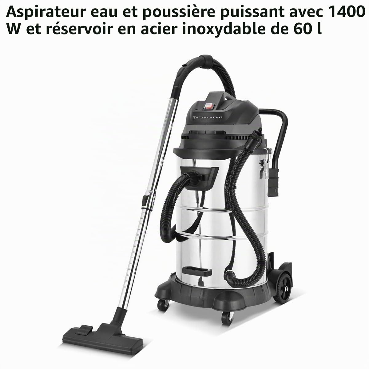 STAHLWERK Aspirateur eau et poussière VCL-1400 ST - Aspirateur industriel de 1400 W avec cuve métallique de 60 L, fonction soufflerie, fonction secouer la poussière et arrêt de sécurité, aspirateur d'