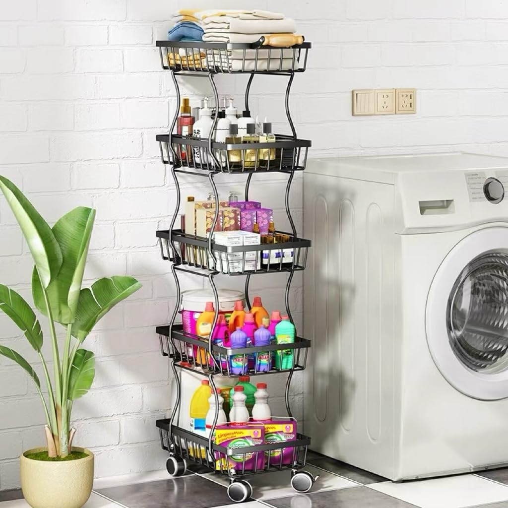 Cesto di frutta per cucina, carrello sottile in filo metallico con manico in legno e ruote, ripiano impilabile per riporre le verdure, può essere utilizzato anche in soggiorno, camera da letto e bagno