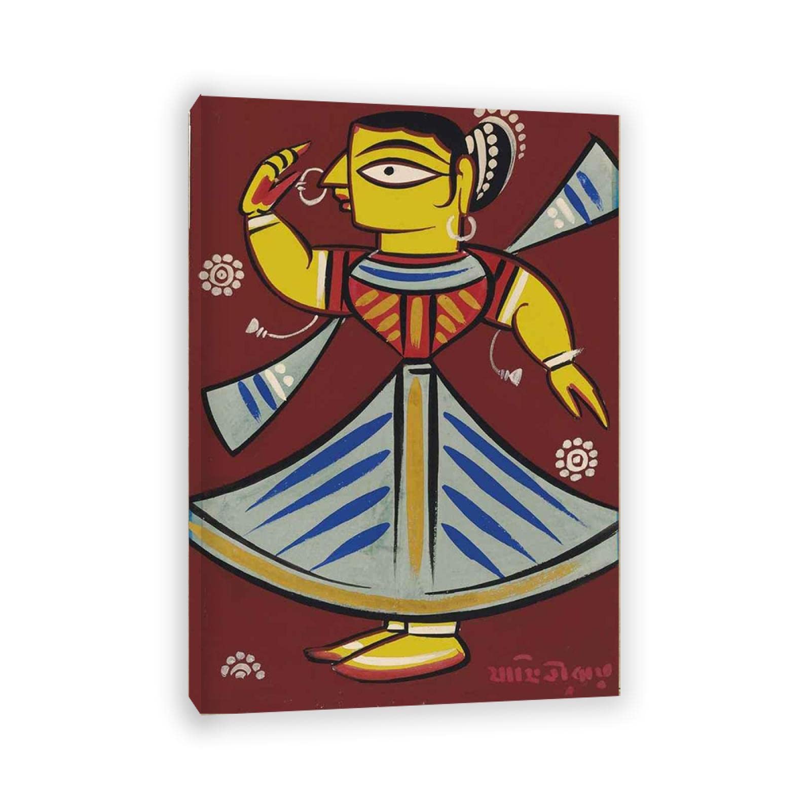 Jamini Roy słynne oprawione obrazy na ścianę - abstrakcyjne obrazy rozciągnięte na płótnie - "Bez tytułu, reprodukcja tancerza gotowa do powieszenia do salonu dekoracja 30 x 42 cm w ramie