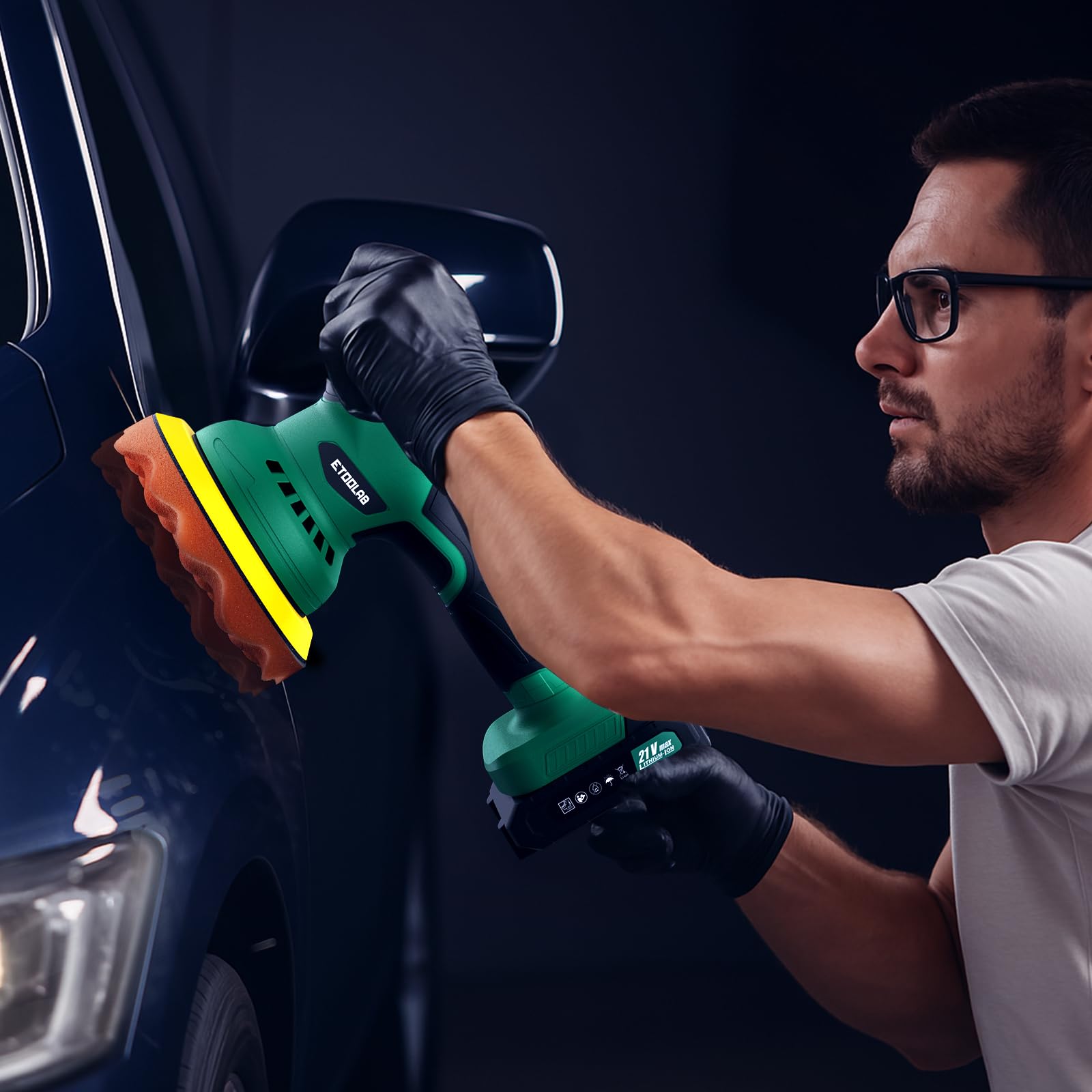 ETOOLAB Poliermaschine Auto Akku, Poliermaschine Auto Set 22 pcs, Exzenter poliermaschinen mit 2 * 2.0Ah 21V Batterie, 8 variable Geschwindigkeit, für die Autodetailing, Scheinwerfer Aufbereitung Set
