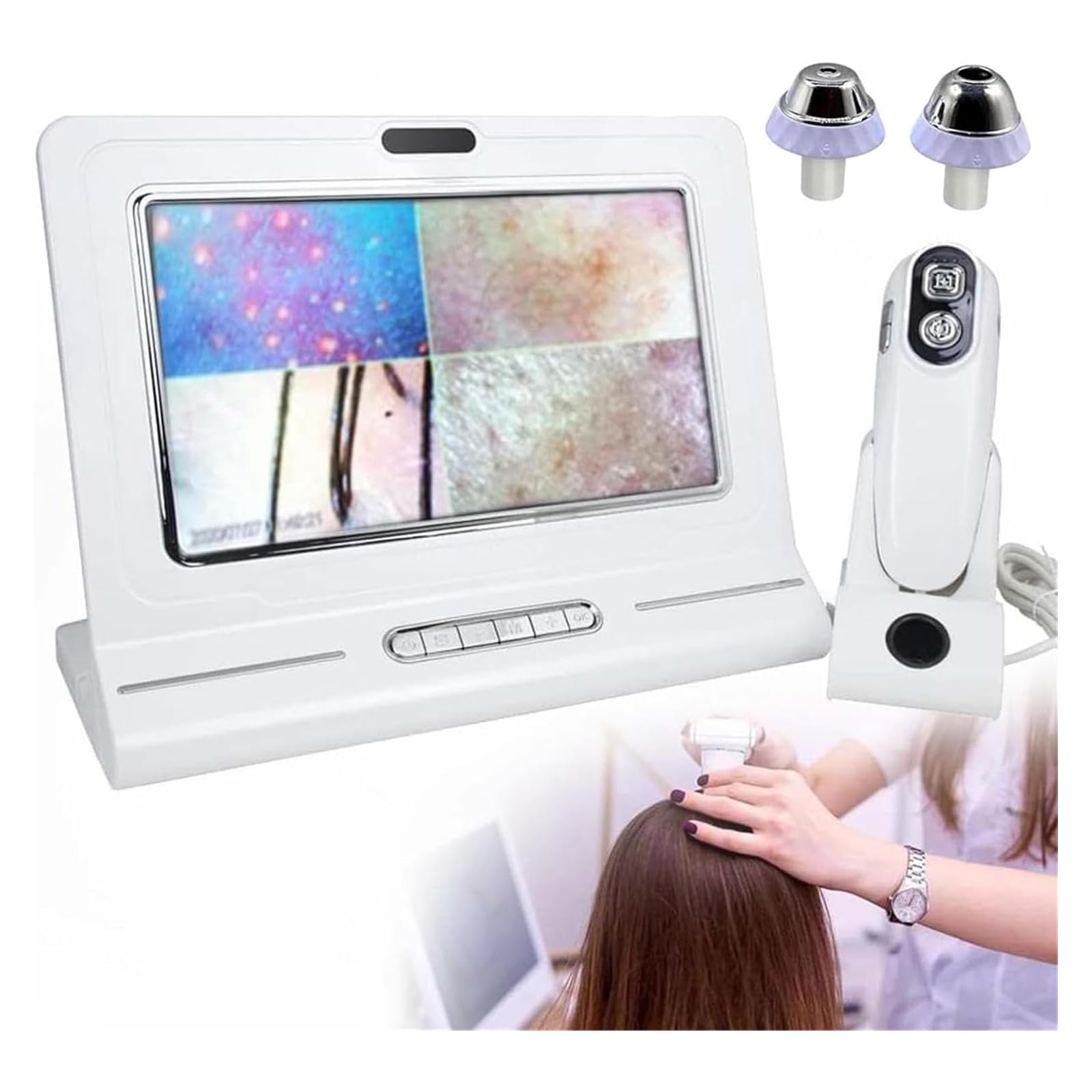 Haar-Haut-Analysegerät, Hautdiagnose-Haaranalysegerät, Con cabezales duales de 50x/200x y un tamaño de folículo de 11 pulgadas, Ideal para salones de belleza