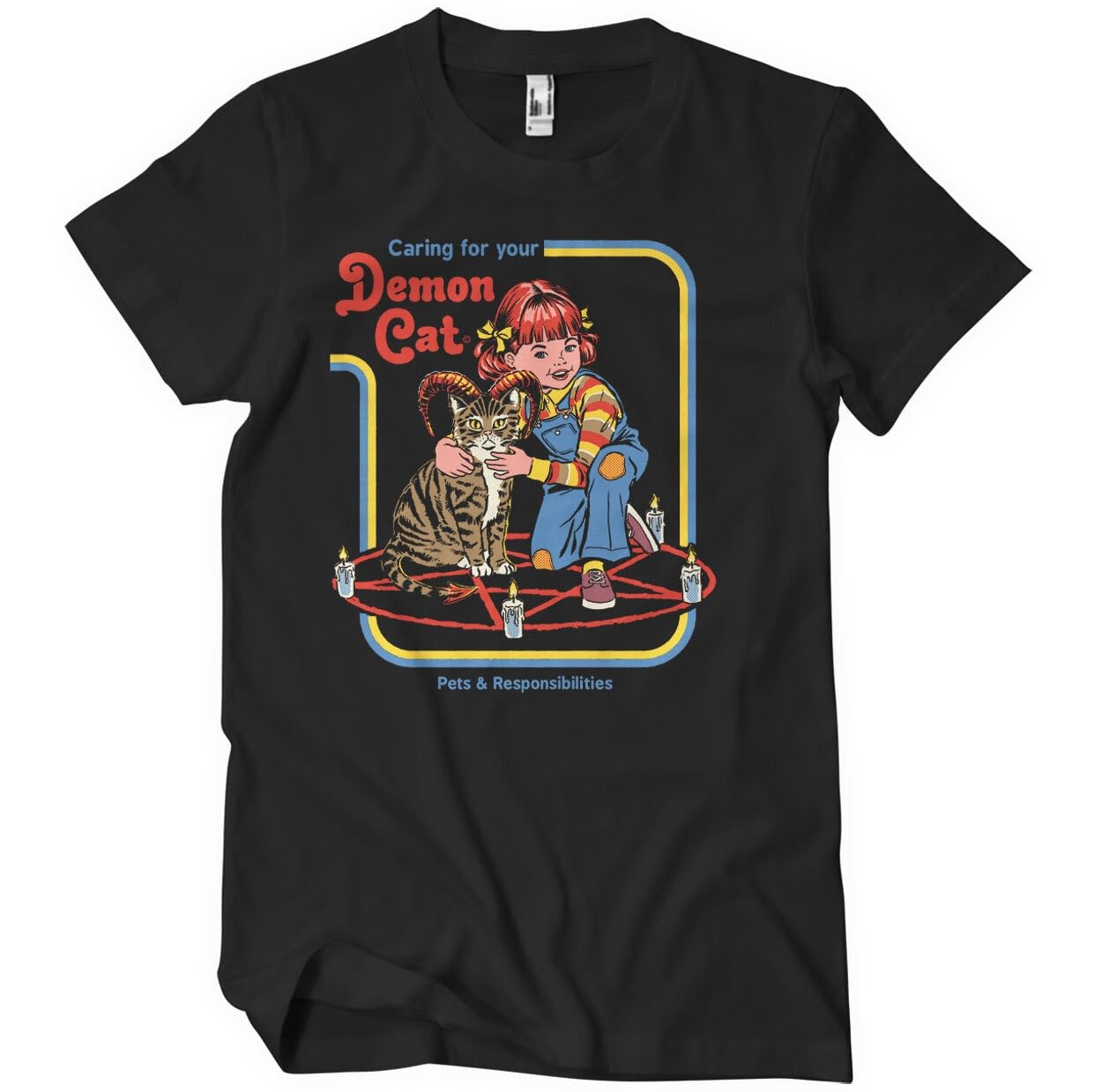 Steven Rhodes Men's Black Officially Licensed Caring For Your Demon Cat T-Shirt (Black), Medium