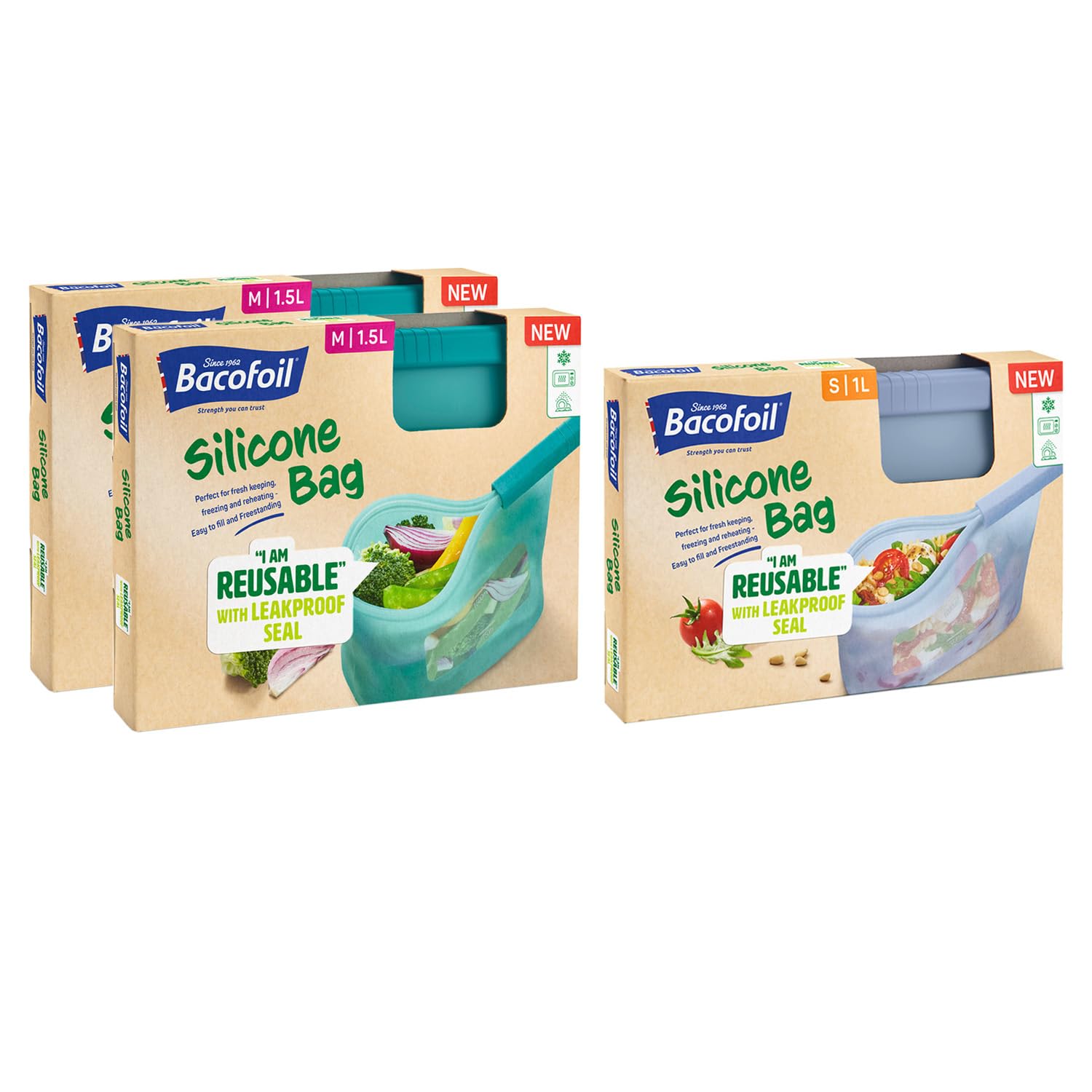 Bacofoil Reusable Silicone Food Bags - Food Storage Bags for Fresh Produce, Meal Prep, Soups - Reusable Freezer Bags for Freezing & Reheating - Microwave & Dishwasher-Safe, 3-Pck, 1L (1x) & 1.5L (2x)