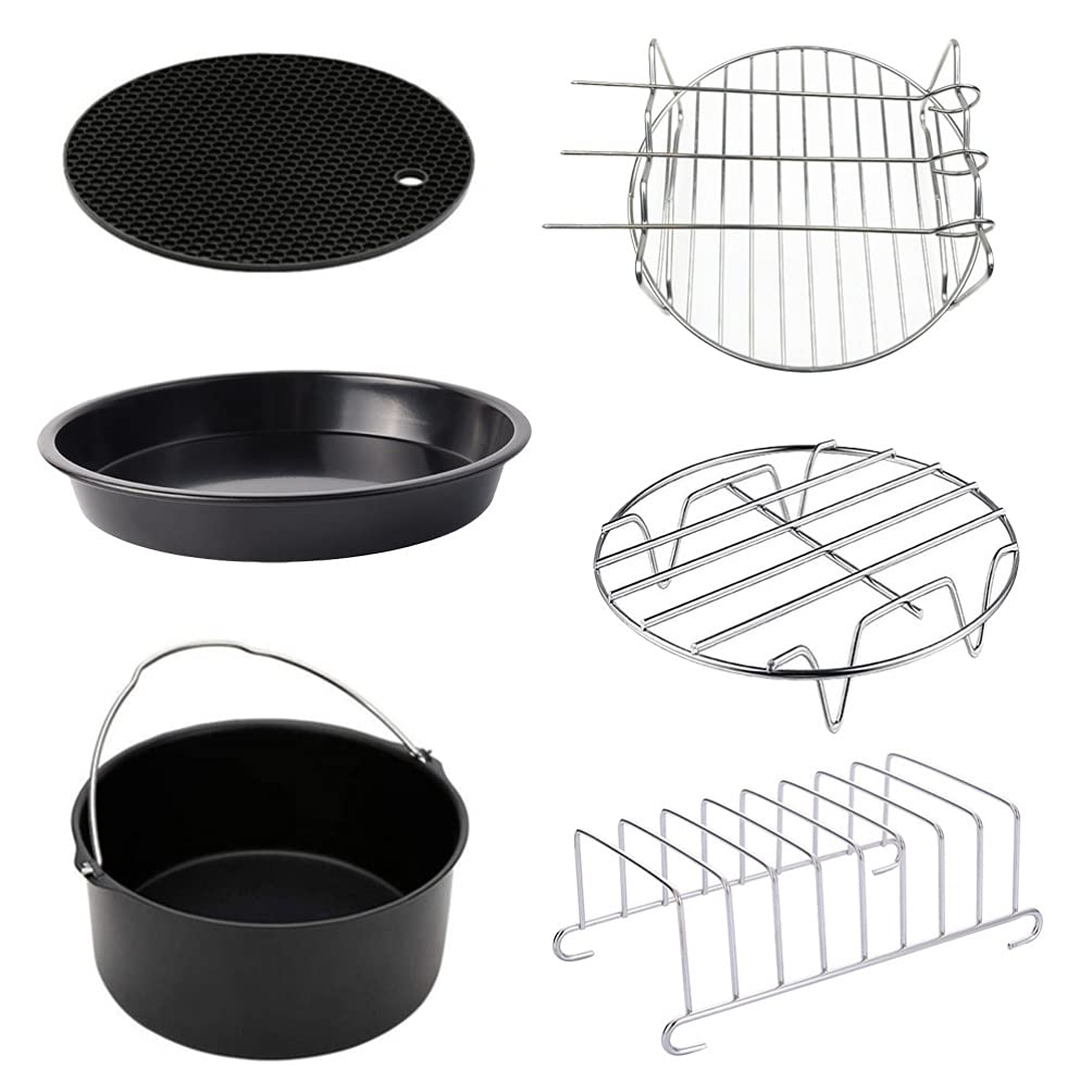 SOLUSTRE 6 Stück Backzubehörset für Heißluftfritteusen 6 Zoll aus Edelstahl | Frittierpfanne, Backblech, Rost und Pizzablech, für Backen und Schokokuchen, Spülmaschinengeeignet