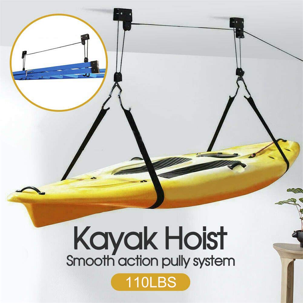 Kayak Hoist Ascenseur Garage Stockage Canoë Treuils 110 LB Capacité - Plafond intérieur Suspendu Rack Poulie pour Paddle Board, Snow Board, Planche de Surf, Wake Board, vélo