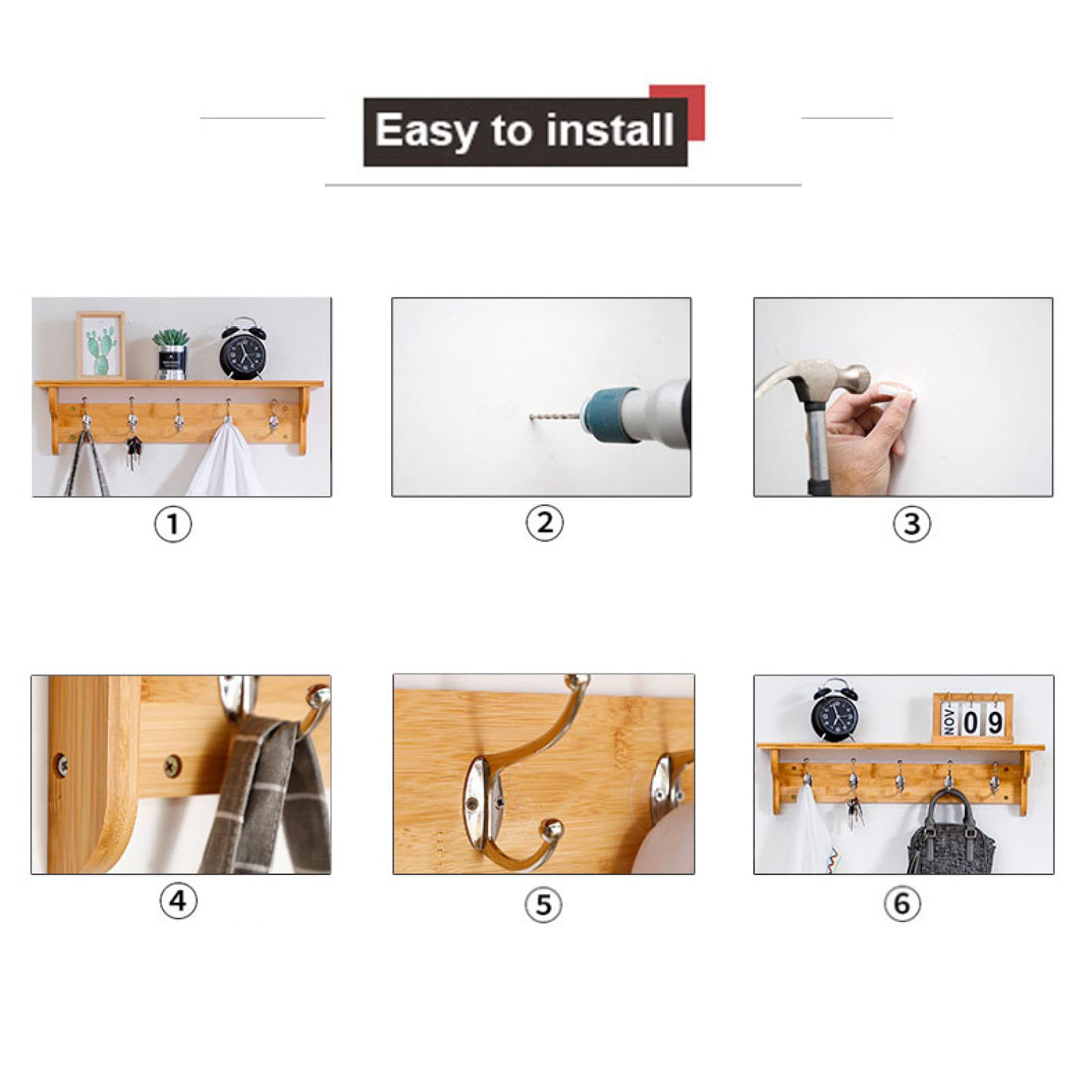 Percha De Pared, Armario De Pared Estante De Pared, Percha, Gancho De Pared, Percha Mueble De Baño con 5 Ganchos Blanco, 71 Cm