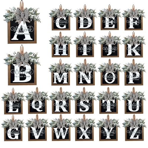 2024 New Last Name Year Round Front Door Wreath with 26 Initial Letter Welcome Sign, Eucalyptus Garland, and Bow | Spring Wreaths for Front Door Decor | Outdoor Hanger Garland (S)