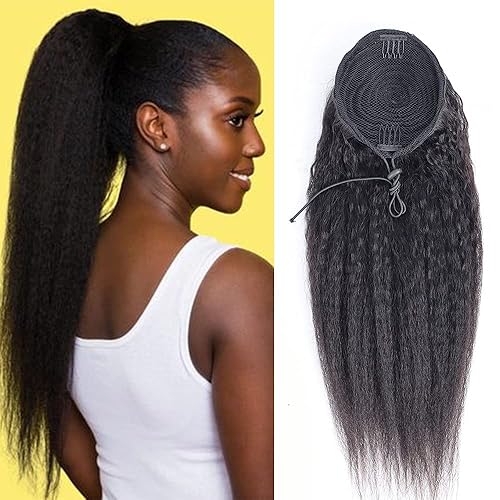 Extensiones de cabello humano lacio brasileño virgen y cierre de color natural Yaki (26 pulgadas/N, cola de caballo)