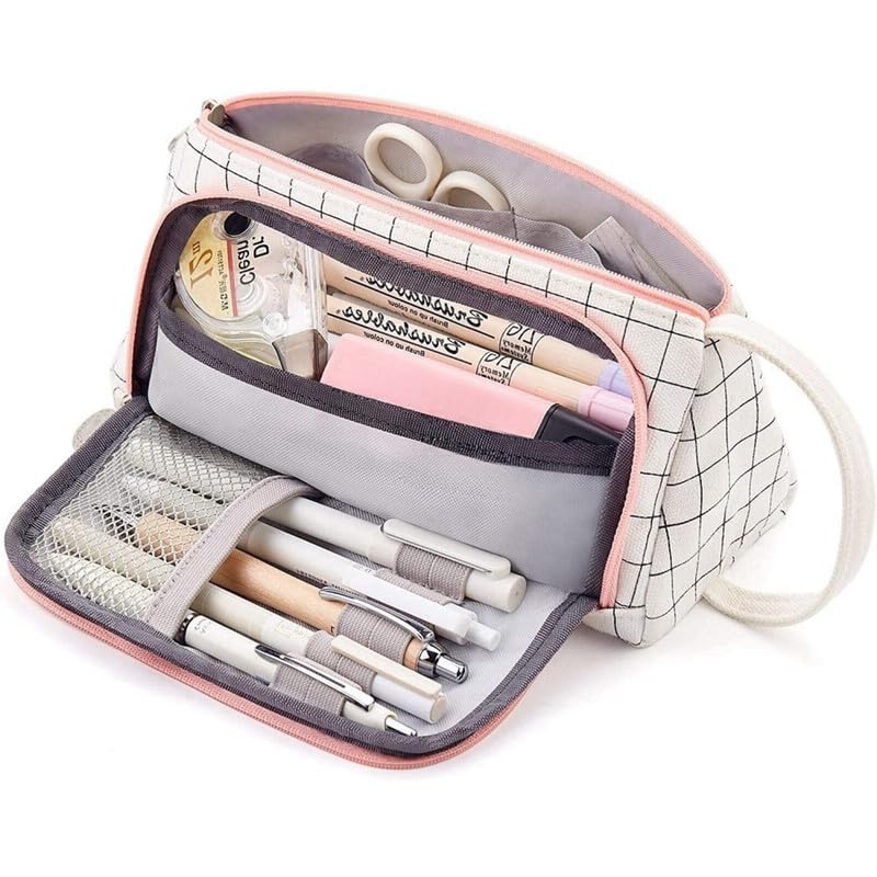 Doraking Canvas Dual Layers Pencil Case - Plaid White Linen Pencil Bag For Students, Artists, Office (Large Capacity) - View #5