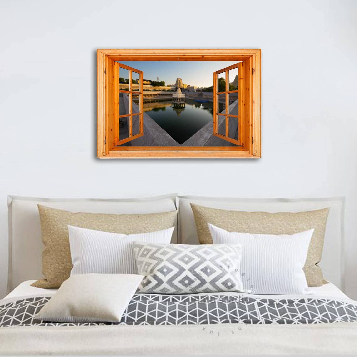 Framed Canvas Wall Art Kamakshi Amman Temple Kanchipuram Tamil Nadu 3D Pictures Wall Decor Posters Artwork for Living Room Large Fake Window Ready to Hang Decoration 23"X34"