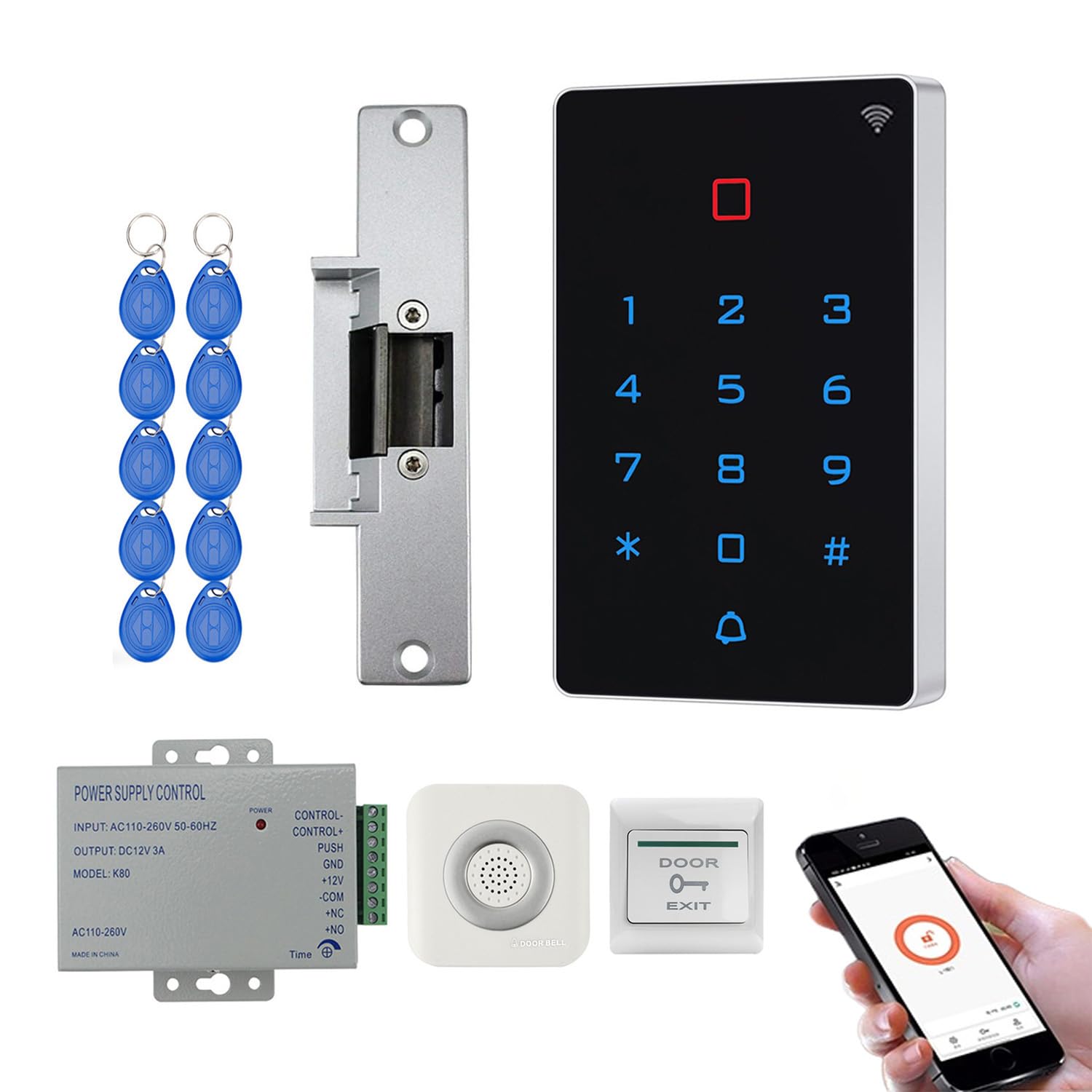Tuya WiFi Zutrittskontrollsystem Set mit Codeschloss – IP68 Codetaster, 4 Öffnungsarten mit App-Fernsteuerung, 125kHz, DC12V, WG26/34, inkl. Netzteil,Exit-Taster,Klingel,Elektrotüröffner, 10RFID Tags