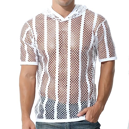 Evankin Mens Sexy Stripe Fishnet Hoodies See Through Mesh Short Sleeve T-Shirt Sheer Muscle Pullover