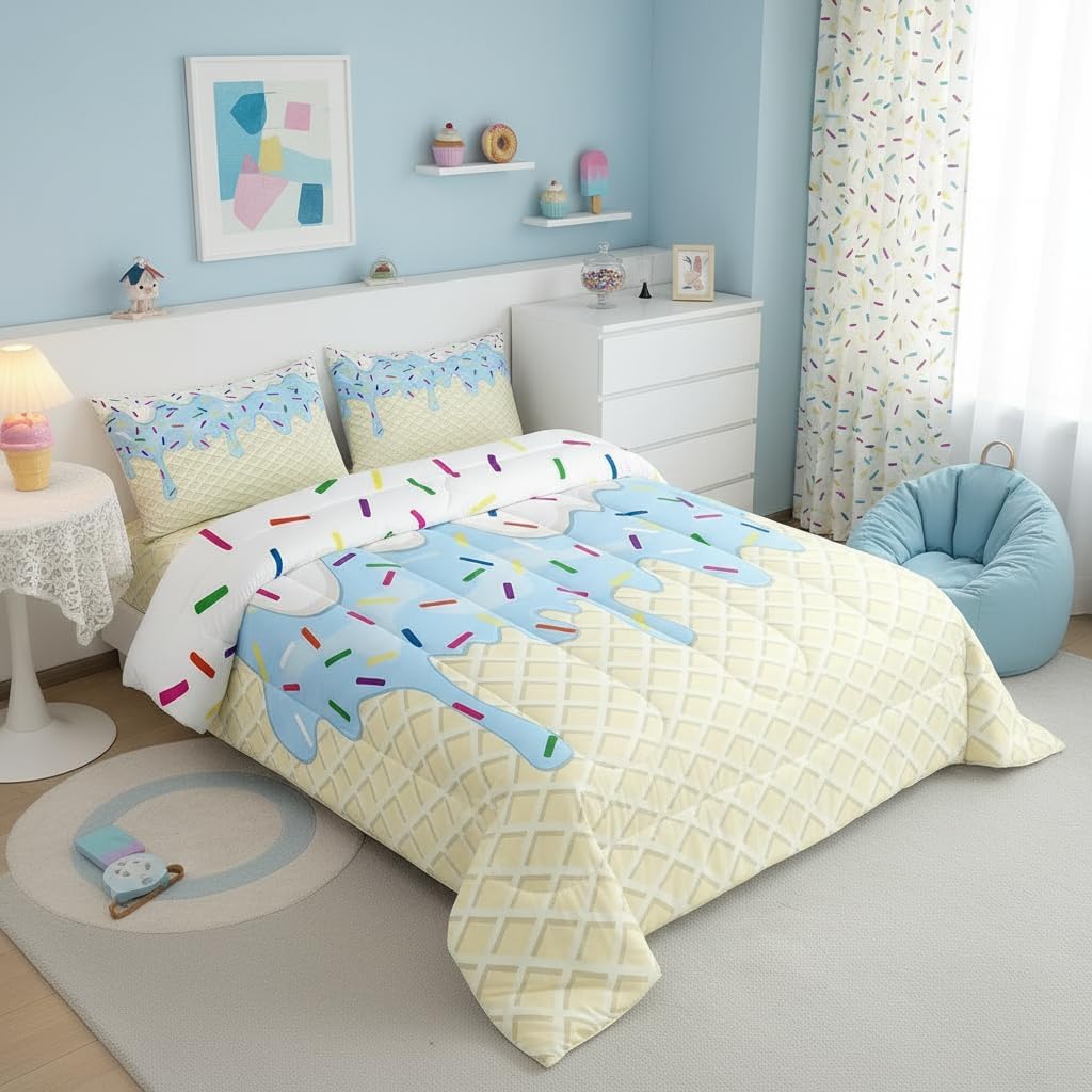 Homewish Girls Ice Cream Twin Size Comforter Set,Kids Blue White Cream Cake Decor All Season Bedding Set,Teens Colorful Candy Comforter,Children Desserts Decor Quilt Set Bedroom Collection 2Pcs