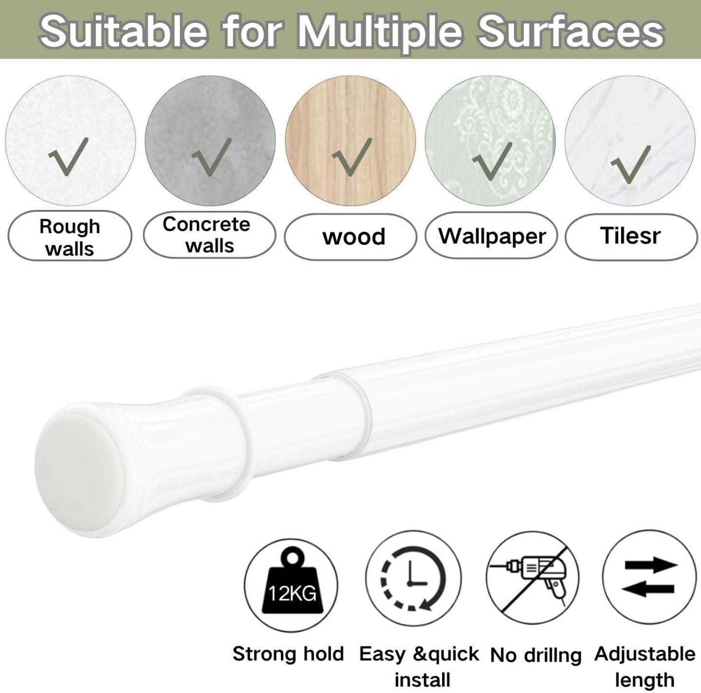 Telescopic Tension Rod 50-70cm/19.7-27.6" Extendable Curtain Pole No Screws Adjustable (White) image 3