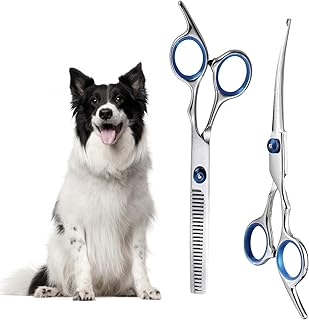 XoeLLe Hundeschere Fellschere für Hunde und Katzen, Lot de 2 Hundeschere Set Profi, Haustierschere mit Runder Sicherheitsspitze, Gebogene Fellpflegeschere Haarschere für Hundefriseur und Anfänger product image