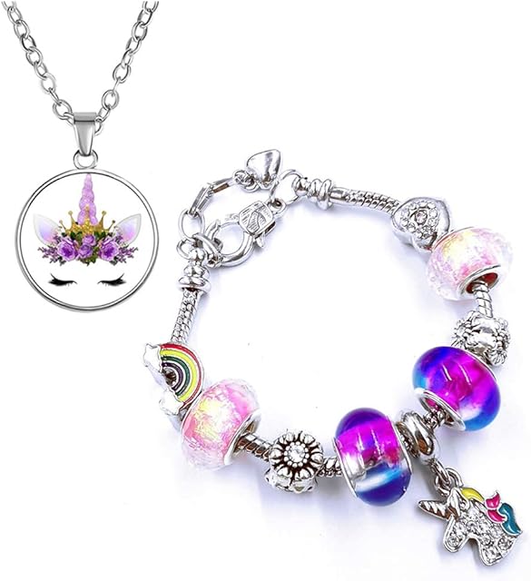 Yiran Girls Magical Unicorn Bracelet Necklace Set Sparkly Crystal Charm Rhinestones Jewellery with Gift Box Greeting Card For Girls Play Pretend Dress Up, Nice Gifts For Christmas Birthday