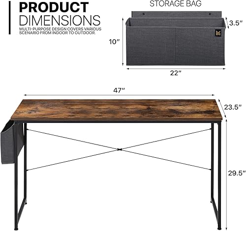 Miniatura 3 de MoNiBloom Escritorio para juegos de oficina en casa, mesa de estudio de computadora de 47 pulgadas con una bolsa de almacenamiento, marrón rústico