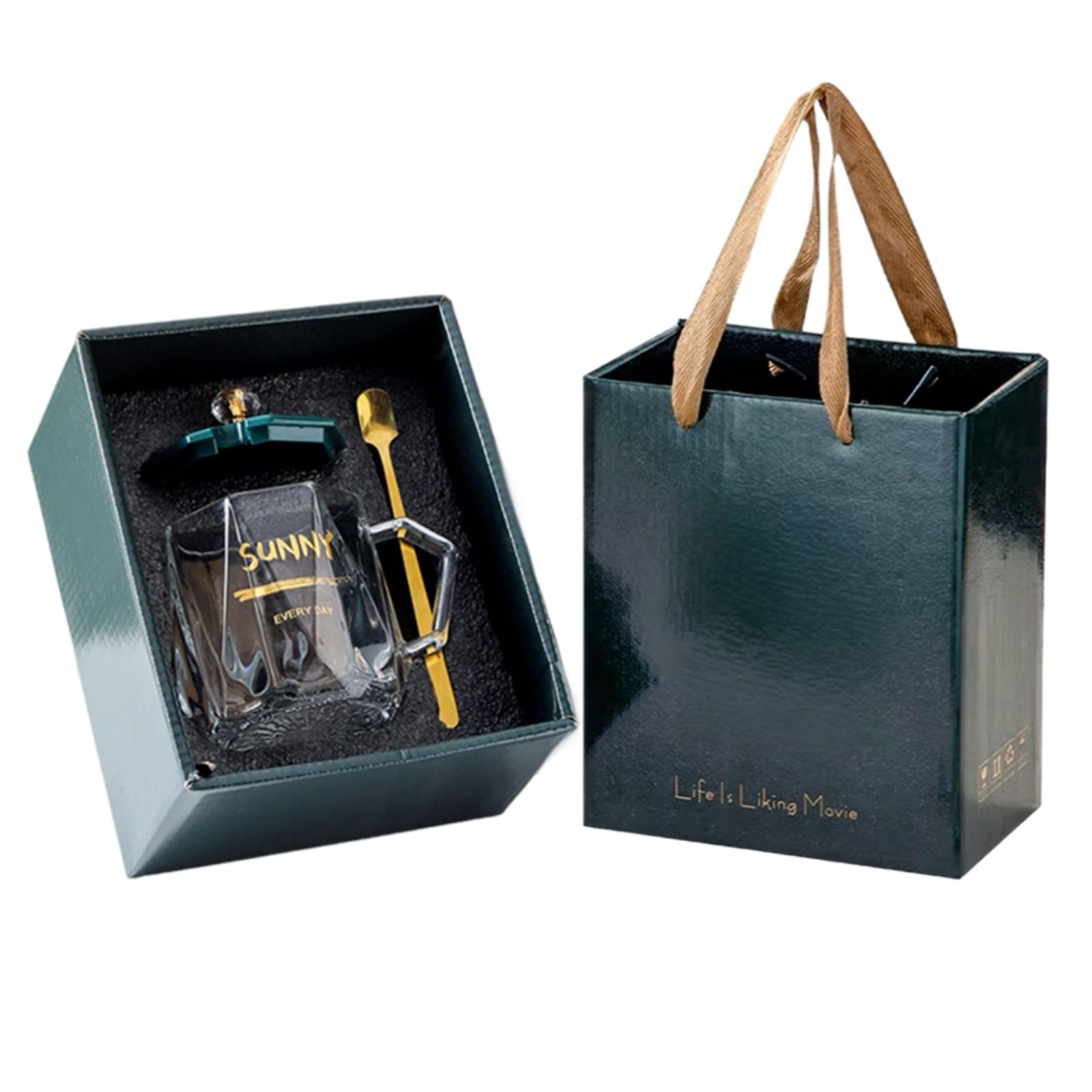 Glasbecher-Geschenkset, diamantfacettiert, hitzebeständiges Trinkglas mit goldenem Löffel und Keramikdeckel, 330–390 ml, grünes Hochzeitsgeschenk für Geburtstag und Feiertage