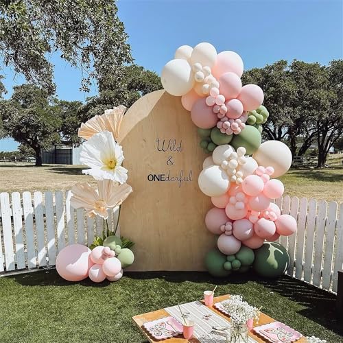 Image of Baby in Bloom Balloon Arch Kit, 134Pcs Dusty Sage Green and Pastel Pale Pink Cream White Beige Light Gold Floral Balloon Garland for Girls Boho Baby Shower Flower Birthday Garden Tea Party Decorations