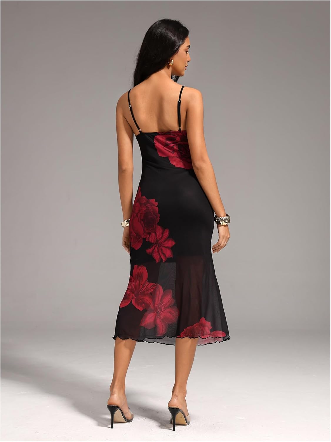 Women's Floral Mesh Midi Dress Y2k Coquette Sheer Spaghetti Strap Bodycon Cami Dresses - Image 2