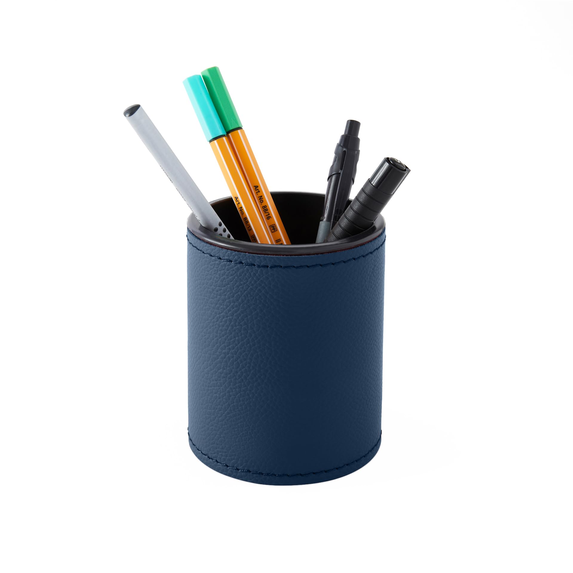 Eglooh - Zefiro - Portapenne da Scrivania Design Rotondo in Vera Pelle Blu cm 7,8 x 7,8 H.9,5 - Cuciture Artigianali e Struttura Resistente - Made in Italy