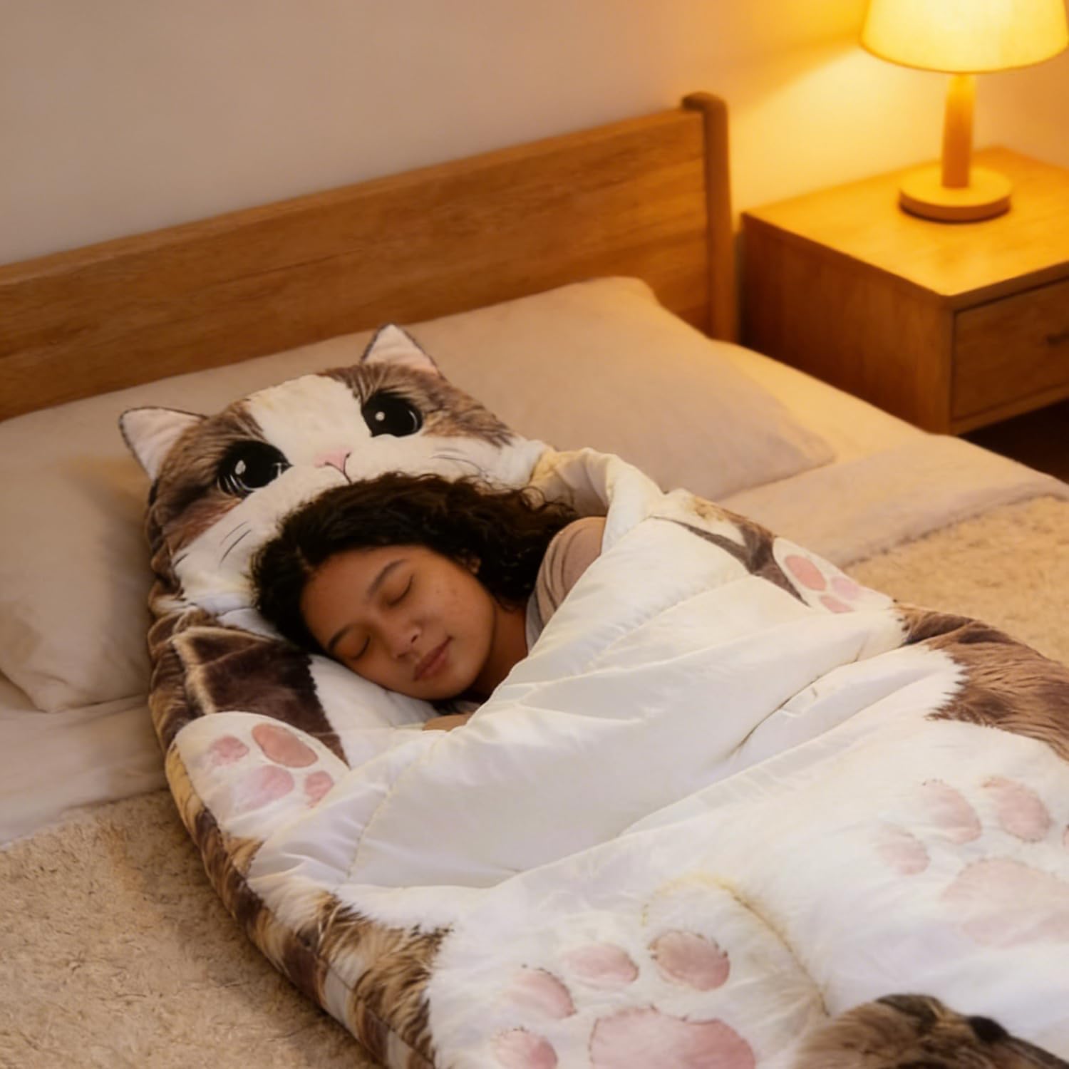 Fluffy Cat Sleeping Bag for Human, Adults Soft Sleeping Bag, Plush Animal Wearable Blanket, Washable Adorable Cat Envelope Sleepings Bags for Camping Sleepovers & Home Lounging(Style B)
