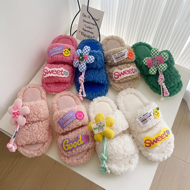 ZQW Women's Floral Fuzzy Slippers Y2K Double Strap Open Toe Plush Flat Slides Non-Slip Cozy Indoor Outdoor Shoes Multicolor3