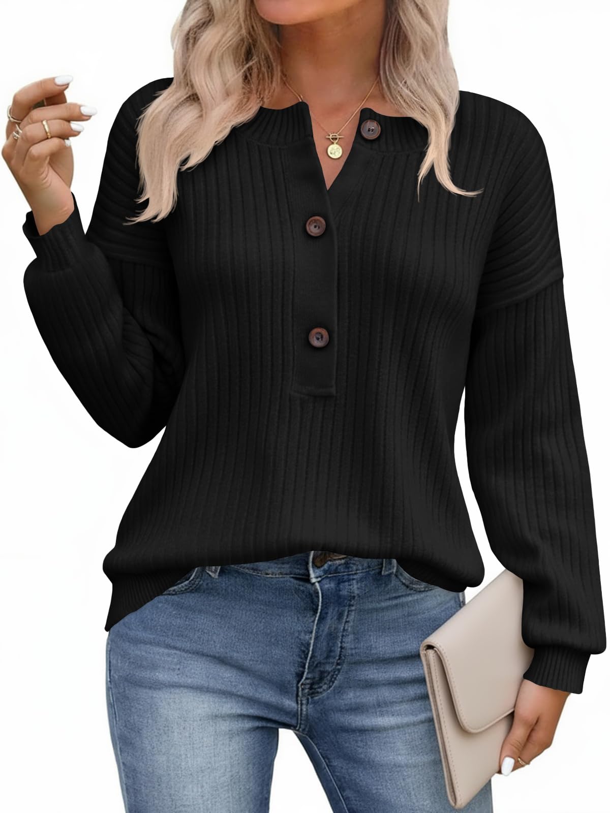 saodimallsu womens henley sweater tops fall button crew neck long sleeve trendy loose ribbed knit pullover sweaters