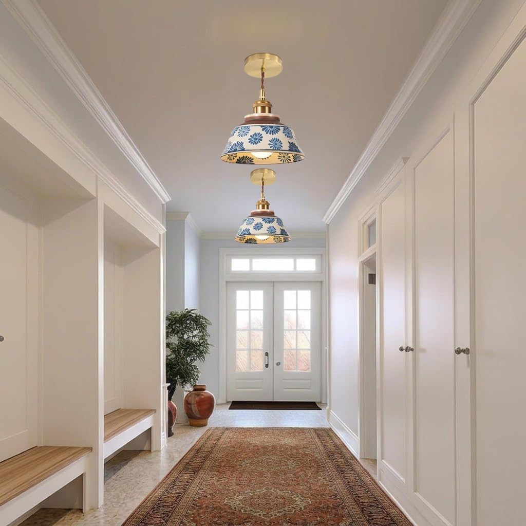 Blue and White Porcelain Pendant Light, Vintage Ceramic Hanging Lamp with Brass Finish & Adjustable Braided Cord, Retro Farmhouse Ceiling Fixture for Kitchen Island Dining Room Bedroom(Blue Floral)