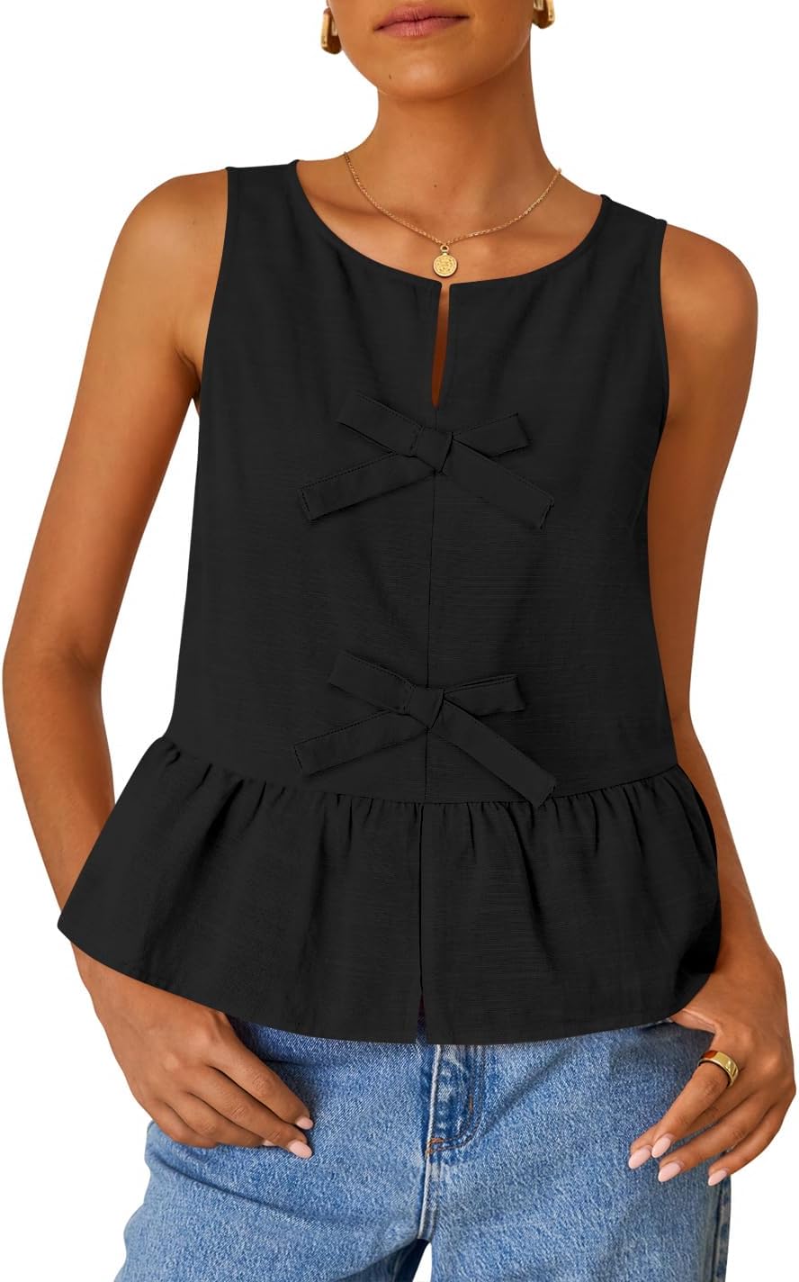 ZESICA Women's Summer Sleeveless Peplum Tank Tops 2026 Tie Front Crewneck Loose Flowy Ruffle Babydoll Going Out Shirts
