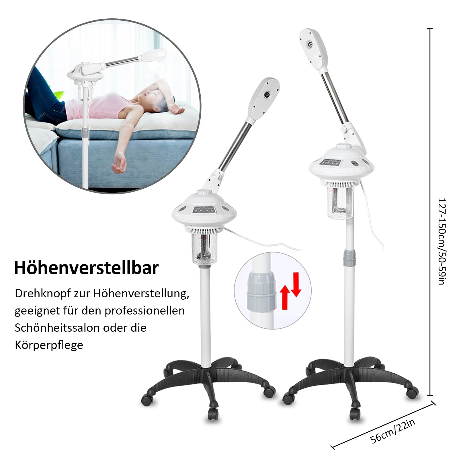 Vaporizador Facial Profesional, Vaporizador Facial Ozono Aromaterapia con Brazo Mecedora Ajustable, Rociador Vaporcon Rueda para Salón Sauna Estética Peluquería Spa 750W