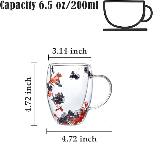 Miniatura 2 de Koythin Taza de café de vidrio de doble pared con asa, taza de café con capa aislada, tazas transparentes Demitasse con flor, perfecta para té