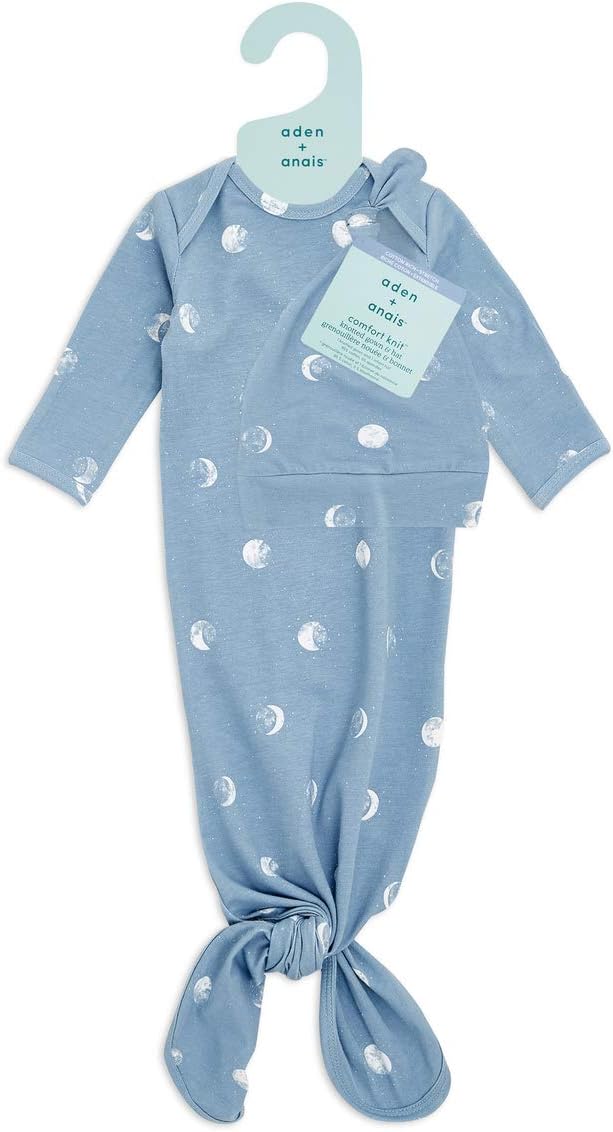 aden + anais Comfort Knit Knotted Newborn Baby Gown and Hat, 2 Piece Set, 0-3 Months