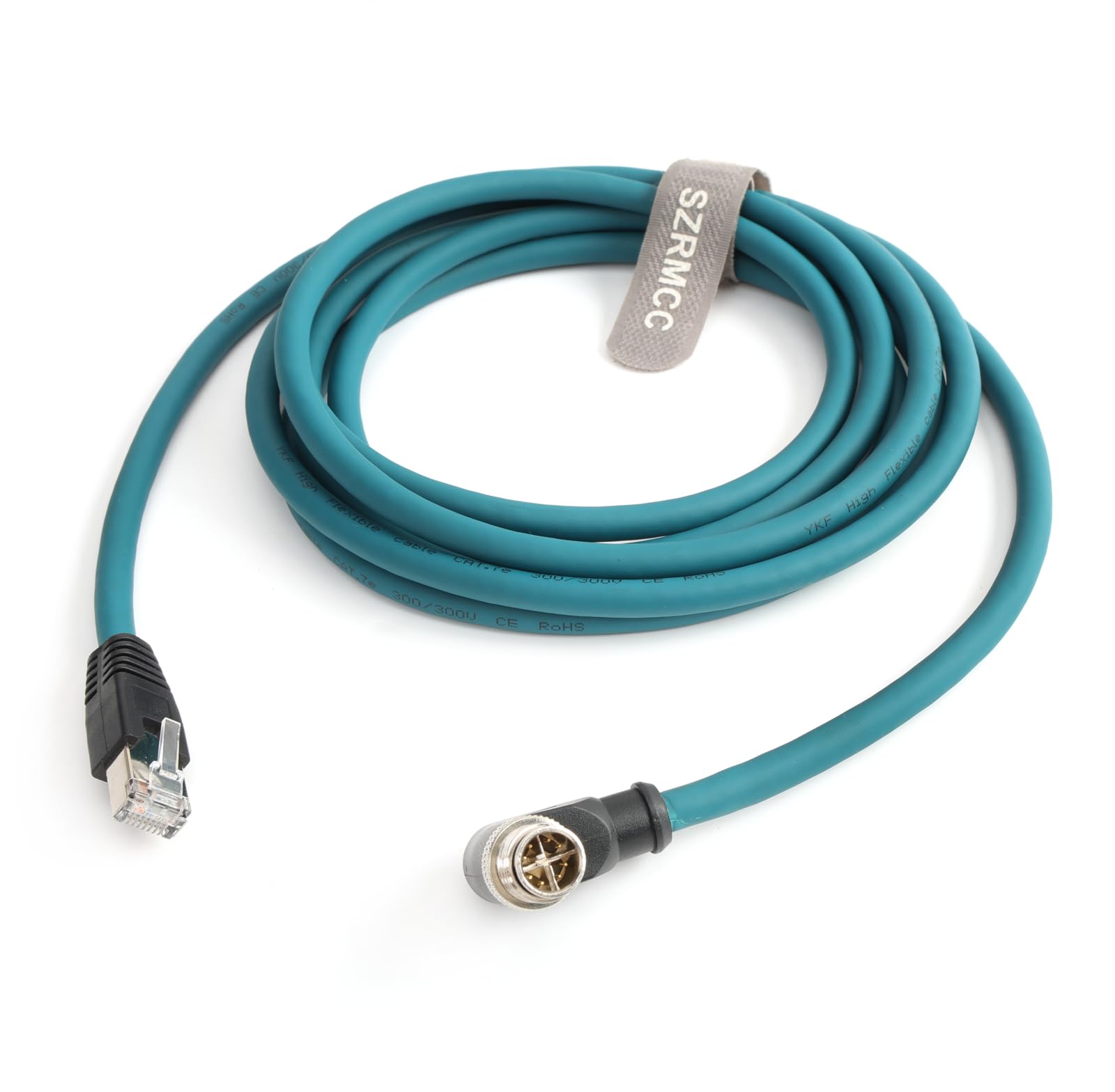 SZRMCC Cable Ethernet M12 de 8 pines codificado en X macho en ángulo recto a RJ45, Cat7e Gigabit blindado, impermeable, cable de red para sensores de visión de cámara industrial Basler GigE Cognex
