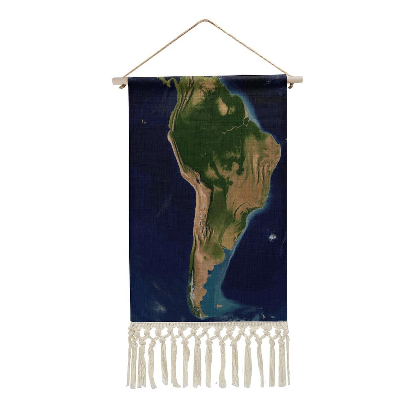 Adfgyerh Style South America Satellite Image Tapestry With Tassels Cotton And Linen Hanging Posters, Wall Art For Travel Gift, Wall Tapestry For Office Home Decor Bedroom Living Room Decor