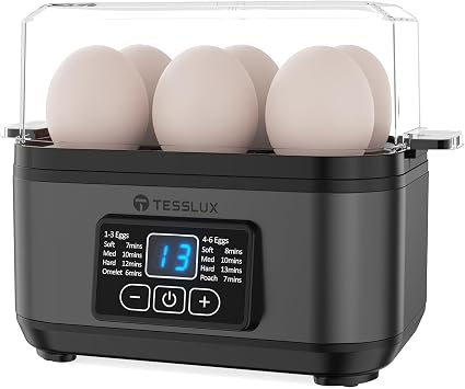 Tesslux Electric Egg Cooker, 6 Egg Capacity, Hard Boiled, Poached, Omelet