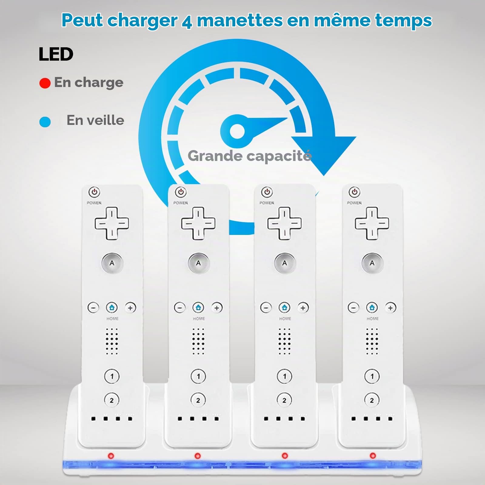 SOONHUA Station de Charge Wii 4 en 1 Avec 4 Piles Rechargeables Et Indicateurs LED pour Télécommande - Blanc